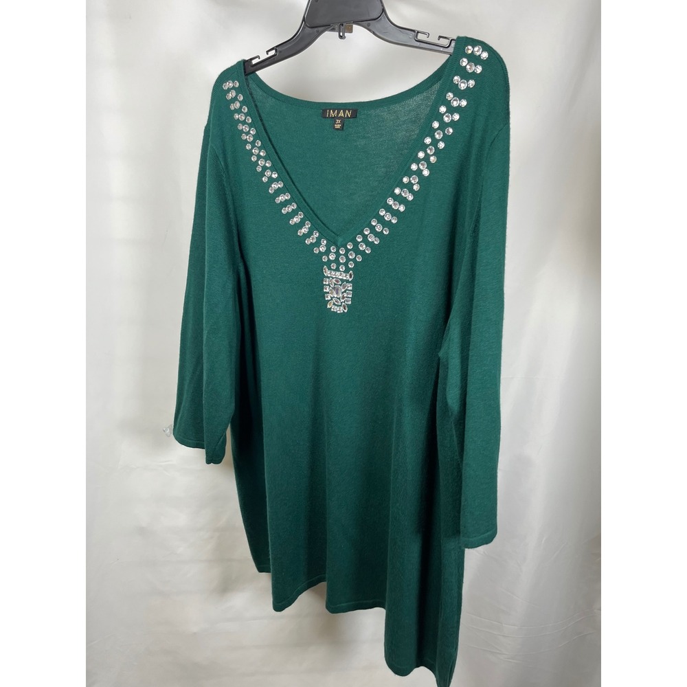 IMAN Global Chic Green Rhinestone V-Neck Tunic Sweater 3X Plus Size 3/4 Sleeve